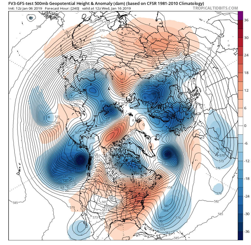 A forecast anomalous ridge is one of many elements prohibiting significant snowstorms from forming in the easter US this month. Image: tropicaltidbits.com