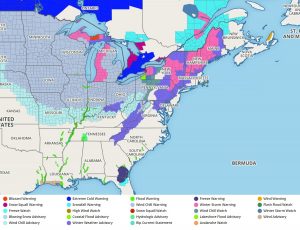 A variety of advisories and warnings have been issued for a winter storm impacting the eastern U.S. by the National Weather Service. Image: weatherboy.com