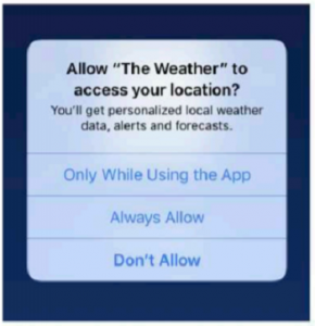 This permission pop-up doesn't do enough to inform users that their data will be sold to third parties, according to the California lawsuit. Image: The Weather Channel App