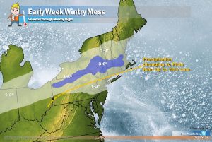 More light snow is headed to the northeast later tomorrow into Monday. As with the last system, snow will turn to plain rain on the southern edge of this system while sleet and freezing rain provide a light icy mix in the transition area. Image: weatherboy.com