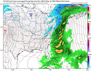This computer forecast model shows a lot of rain and just a little snow surging up the eastern U.S. on Saturday morning. Image: tropicaltidbits.com