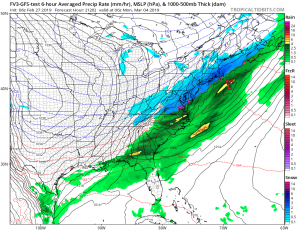 Some computer forecast models, such as this American model, suggest significant accumulating snow could impact portions of the Mid Atlantic and New England during the first days of March. Image: tropicaltidbits.com