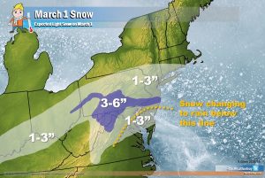 Light snow is likely across portions of Ohio, Pennsylvania, West Virginia, Maryland, New York, Delaware, Connecticut, and New Jersey. While generally 1-2" will fall some areas could see 3-4", as shown in the purple color. Image: weatherboy.com