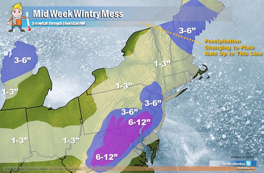 More than 6" of snow will fall over portions of the Mid Atlantic before a surge of mild air turns the snow to plain rain all the way up into the central Northeast before the storm exits. Image: weatherboy.com