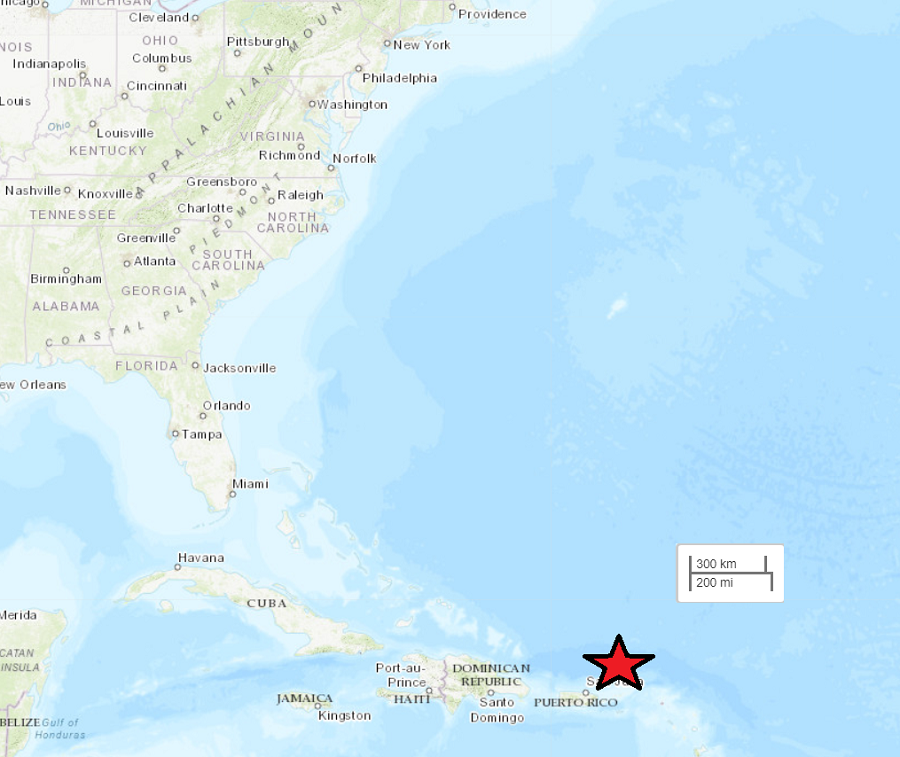 A strong earthquake struck a short time ago northeast of Puerto Rico.  Image: USGS