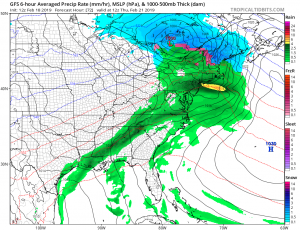 The American GFS model shows how far rain will move up into the northeast on Thursday as milder air surges up the coast. Image: tropicaltidbits.com