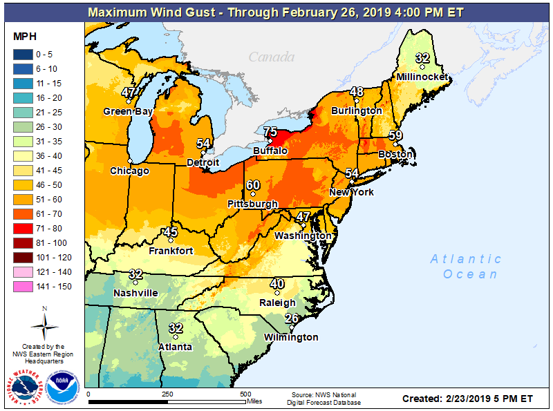 Forecast maximum wind gusts for the northeast through February 26. Image: NWS