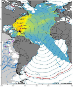 In tomorrow's simulation, dangerous tsunami propagates away from the Atlantic earthquake. Image: NOAA