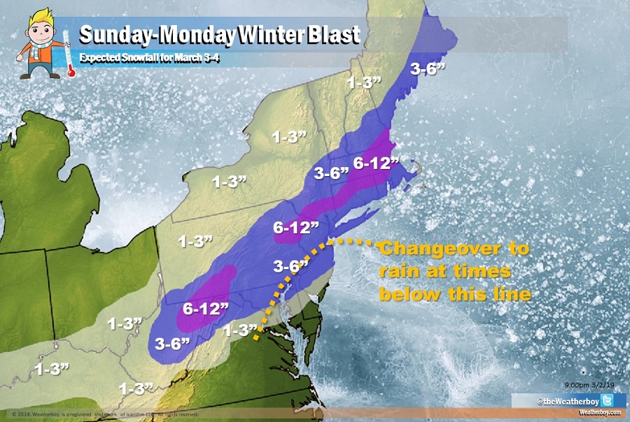 More than 6" of snow is possible for the northeast by Monday. Image: Weatherboy.com