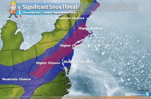 While there's a risk of heavy snow in the blue area, the maroon area has the highest chance. Even so, it is still too soon to produce an accurate snowfall forecast map for this next system. Image: Weatherboy.com