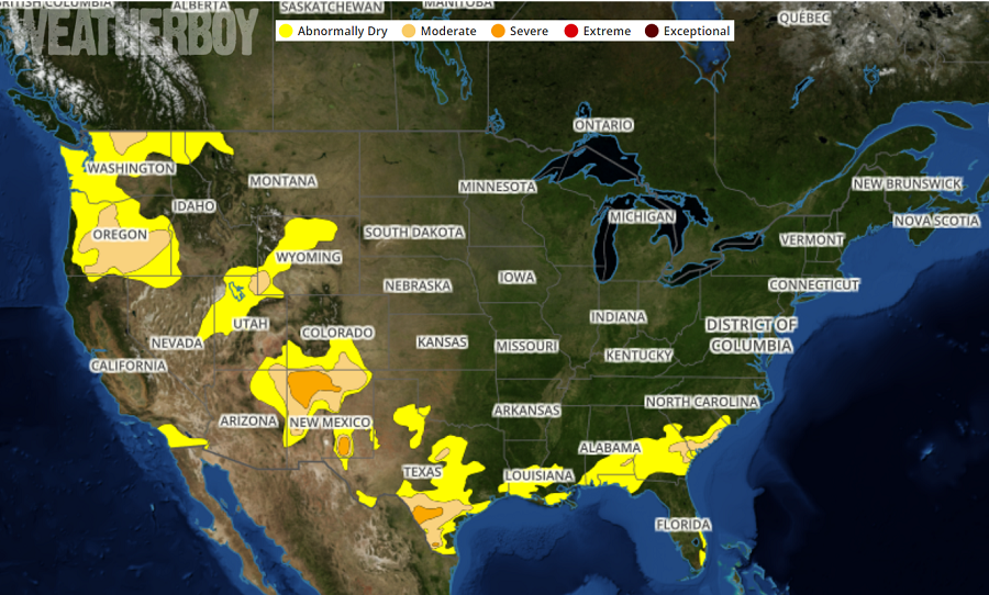 Very little drought in the US: the latest Drought Monitor map shows no severe or exceptional drought conditions anywhere in the United States.  Image: weatherboy.com