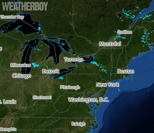 The latest RADAR shows spotty snow shower activity in portions of the northeast. Image: weatherboy.com