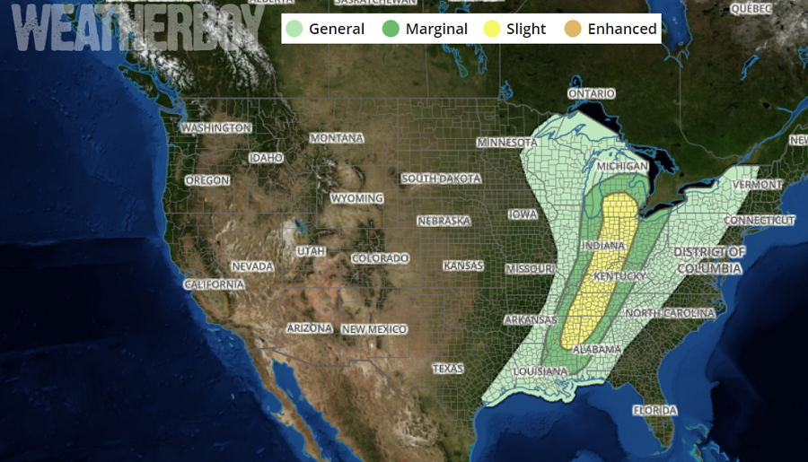 The National Weather Service's Storm Prediction Center has highlighted the area in yellow as a place most likely to see severe thunderstorms tomorrow. Image: weatherboy.com