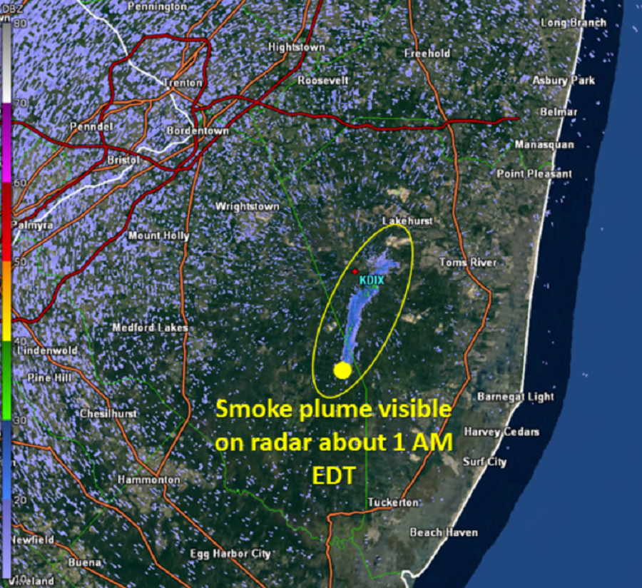 Weather RADAR shows area of particulates rising from a fire in Burlington County, New Jersey. Image: NWS