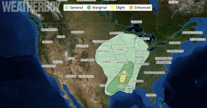 The severe weather area shifts east on Wednesday. Image: weatherboy.com