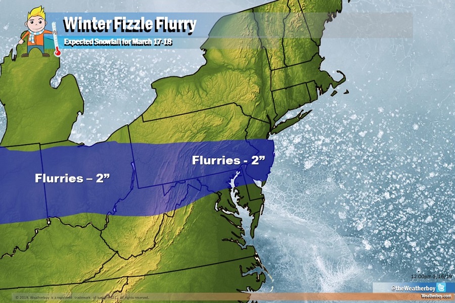 A light dusting of snow is possible from the Great Lakes to the Mid Atlantic Sunday into Monday. Image: weatherboy.com
