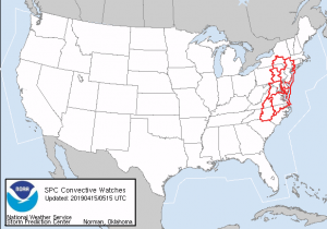 An unusually large area of the Eastern US was under a Tornado Watch at 1am this morning. Image: NWS
