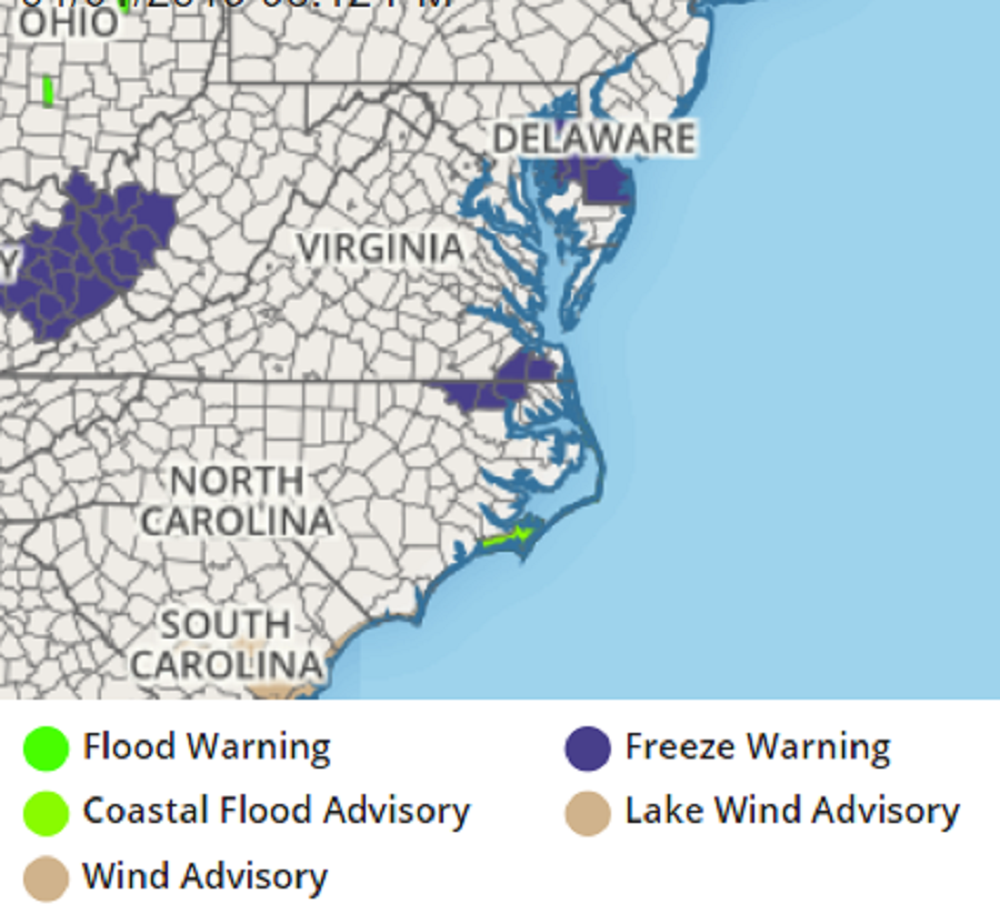 Freeze Warnings have been posted in portions of Virginia, Delaware, and North Carolina. Image: weatherboy.com