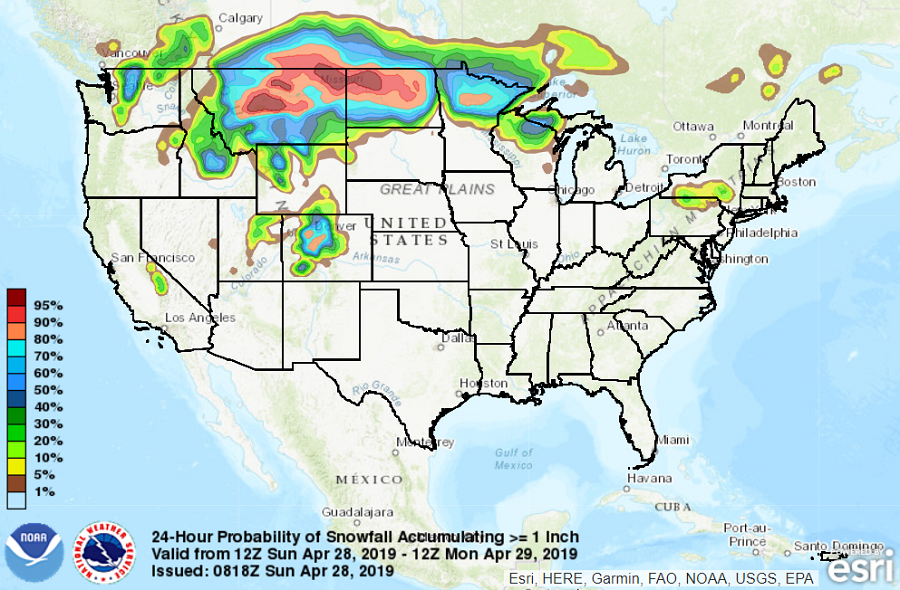 There's better than 80% chance that 1" or more of snow will appear in the blue/red shades on this map over the next 24 hours. More snow is possible beyond that period. Image: NWS