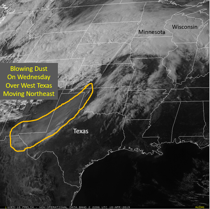GOES-East weather satellite shows an area of dust from western Texas being ingested into the storm, dropping snow with an orange tint to it as a result. Image: NWS
