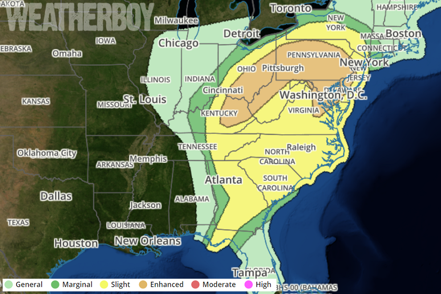 The area in yellow and orange have the greatest threat of severe storms over the next 12-18 hours. Image: weatherboy.com