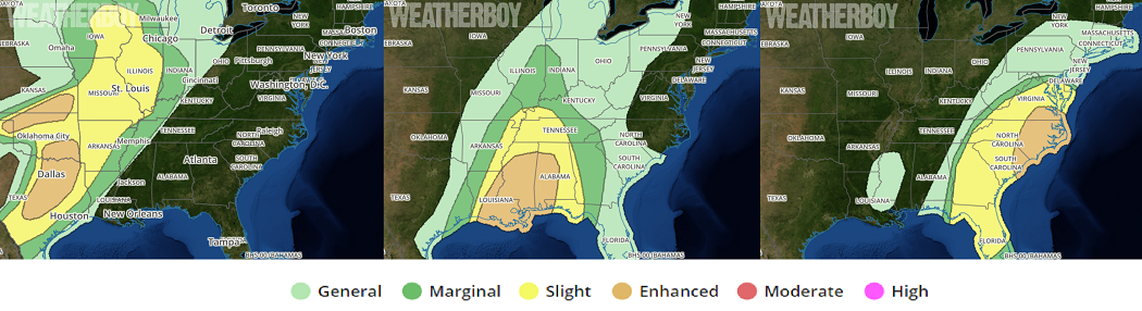 The National Weather Service Storm Prediction Center has issued a Convective Outlook to show where the greatest risk for severe weather is today, left, tomorrow, middle, and Friday, right.  Image: weatherboy.com