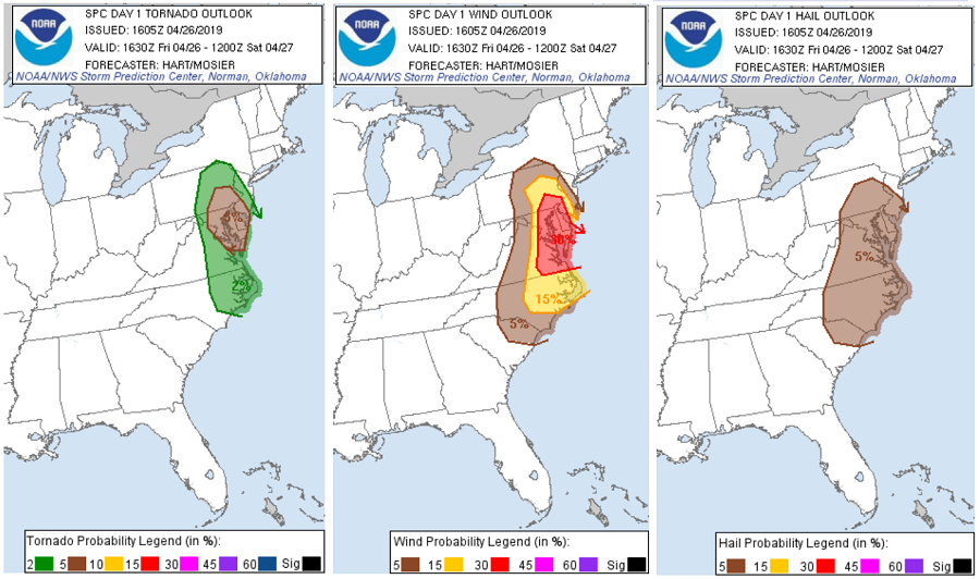 Damaging winds and tornadoes are possible today in portions of the Mid Atlantic. Image: NWS
