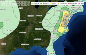 The area is orange is where there is the greatest risk of damaging thunderstorms and tornadoes today. Image: weatherboy.com