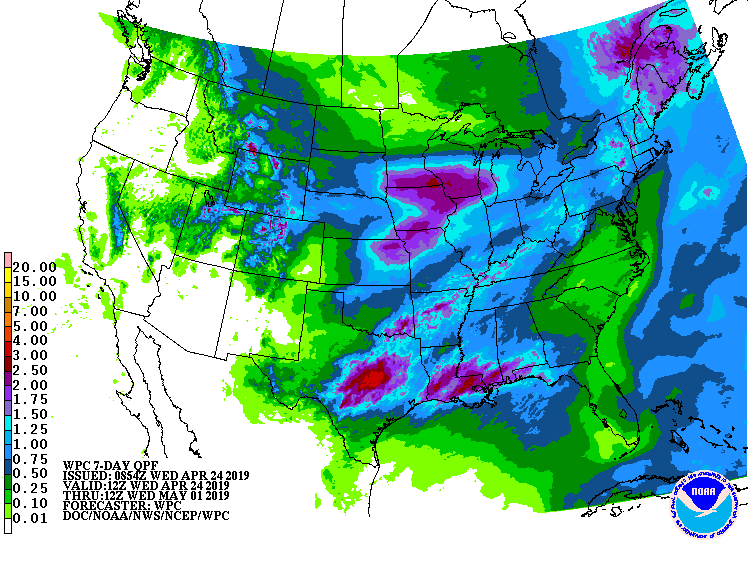 The next seven days will be rather wet across much of the central and eastern United States. Image: NWS