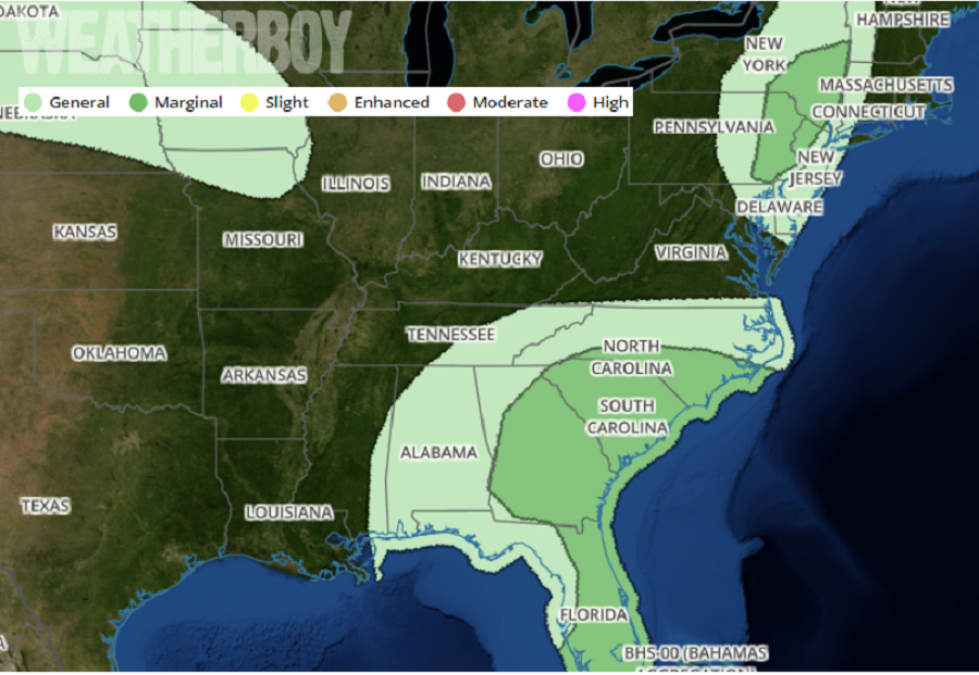 The Convective Outlook from the National Weather Service's Storm Prediction Center shows two areas of increased albeit marginal chances of severe weather; one is in the northeast, the other is in the southeast. Image: weatherboy.com