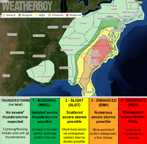 The shaded region (in dark green, yellow, orange, and red) could see severe storms today; the area in red is at greatest risk from the strongest storms. Image: weatherboy.com