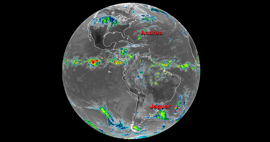 The GOES-East satellite captures what's left of Andrea and Jaguar in the Atlantic.  Image: NOAA