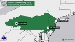 Due to recent heavy rains, additional rain from storms today could create flood conditions in green. Image: NWSS