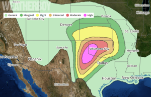 To stress the seriousness and severity of today's expected severe weather outbreak, the National Weather Service's Storm Prediction Center has taken the rare step of defining an area of "HIGH" risk for severe weather today over portions of Oklahoma and Texas. Image: weatherboy.com