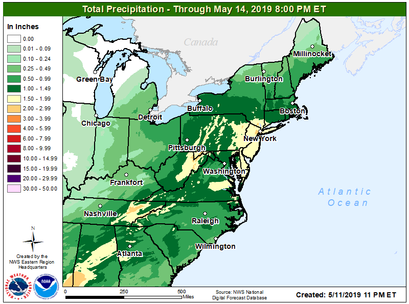 Soaking rains will impact the east coast again this weekend. Image: NWS