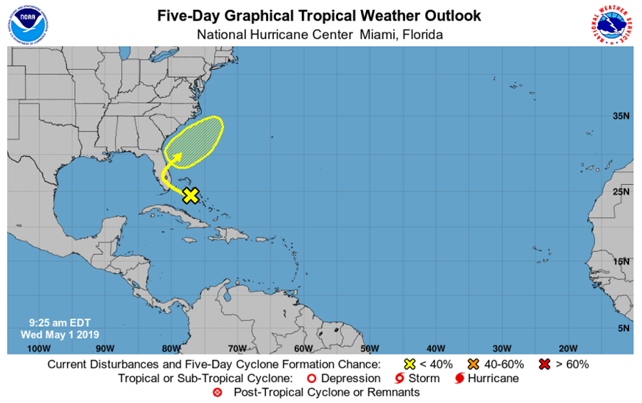 An area of disturbed weather off of the coast of Florida has caught the attention of the National Hurricane Center. Image: NHC