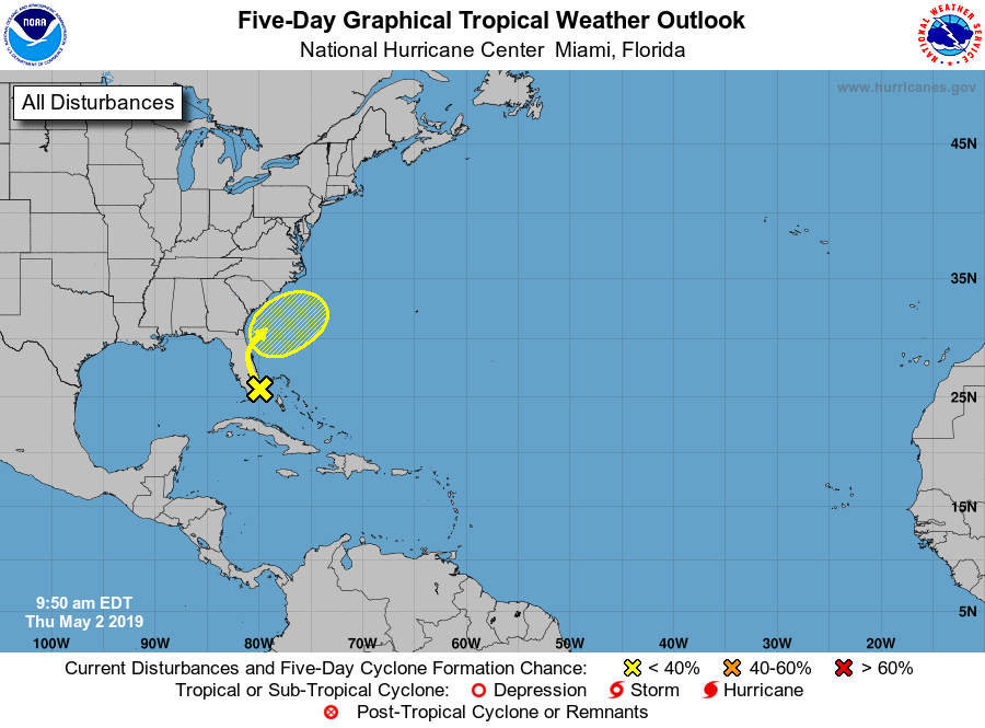 The National Hurricane Center is tracking a disturbance near Florida for potential signs of development. Image: NHC