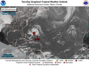 The National Hurricane Center has been tracking this area of disturbed weather for the last several days. It is likely to become a subtropical or tropical cyclone soon. Image: NHC