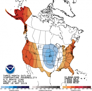 In the latest NOAA outlook, the East and West are expected to see above normal temperatures while the Midwest should see below normal readings. Image: NOAA