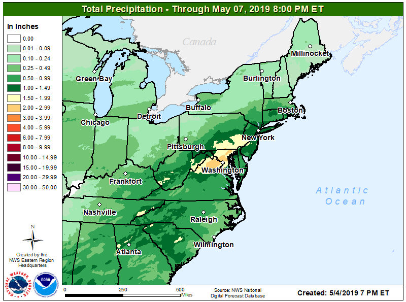 More than 2" of rain is possible in portions of the Mid Atlantic tonight into tomorrow. Image: NWS