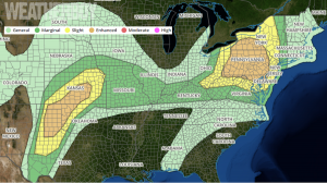 The areas in yellow and orange have a higher threat of seeing severe thunderstorms today, according to the Storm Prediction Center. Image: weatherboy.com