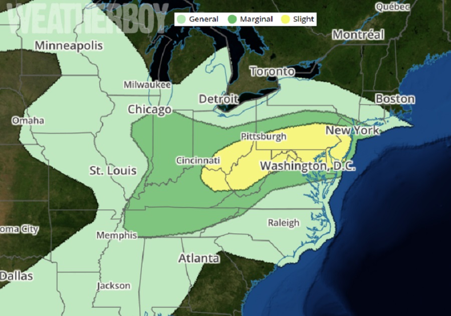 The National Weather Service's Storm Prediction Center believes the best chances for severe weather will be close to where severe weather has set-up over the last two days. Image: weatherboy.com
