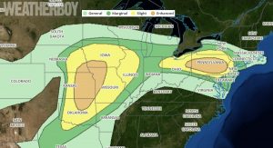 Areas in yellow and orange are most likely to see severe weather on Tuesday; damaging winds, large hail, and tornadoes are possible again. Image: weatherboy.com