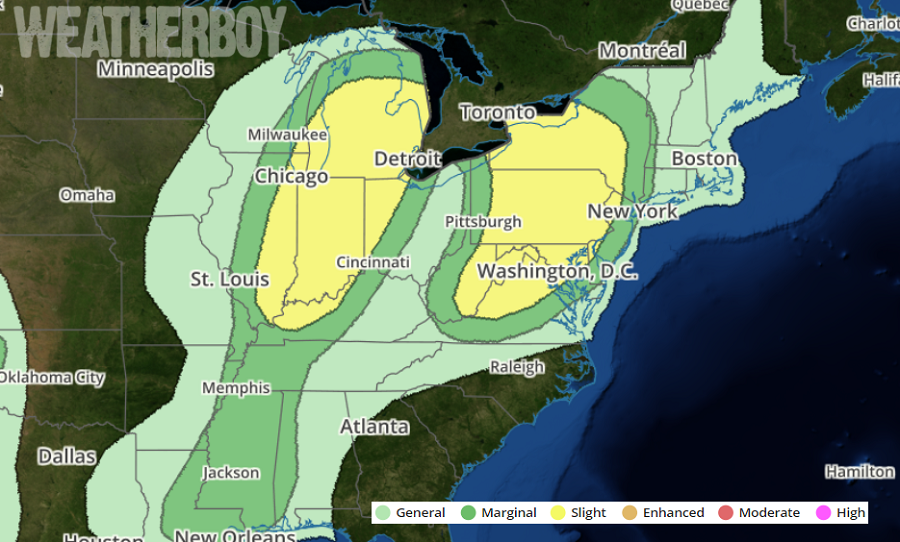 The greatest threat of severe storms today is in the yellow area. Image: weatherboy.com