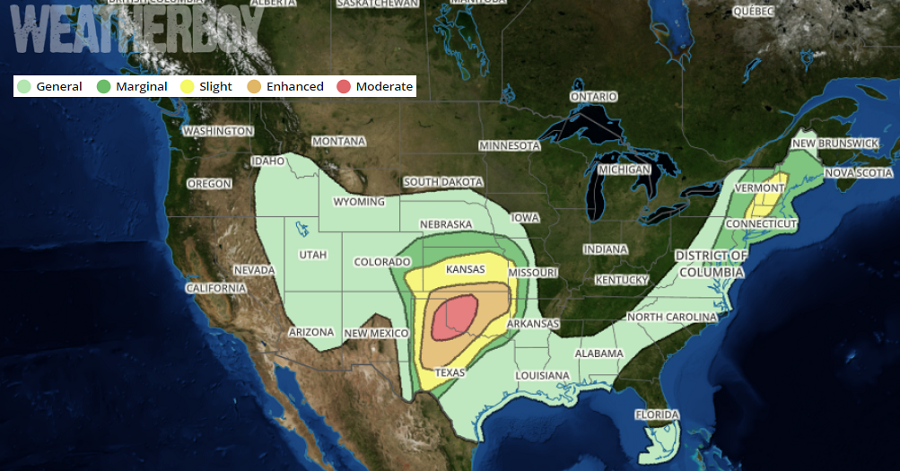 Monday will feature severe, potentially violent thunderstorms in the U.S. Image: weatherboy.com