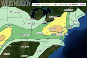 The areas in yellow and orange are most likely to see the worst of the severe weather tomorrow, according to the latest Storm Prediction Center Convective Risk Outlook. Image: weatherboy.com