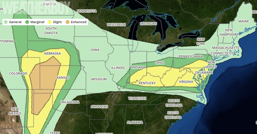 Another round of severe weather is expected today, with the greatest threat for severe conditions in the orange and yellow zones on this map. Image: weatherboy.com