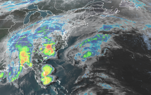 Latest satellite view shows an area of substantial clouds and moisture raining over the eastern U.S. Image: NOAA