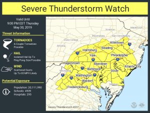 A Severe Thunderstorm Watch is in effect through 9pm for the area in yellow. Image: NWS