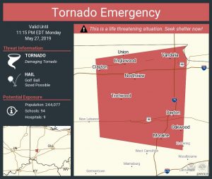 A rare Tornado Emergency was declared once it was confirmed a tornado of at least EF2 intensity was on the ground in the Dayton metro area. Image: NWS
